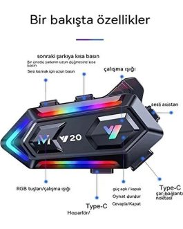 Y20 Max Motosiklet Kask Interkom – Bluetooth 5.3, Telsiz Özellikli, Işıklı Kulaklık Sistem